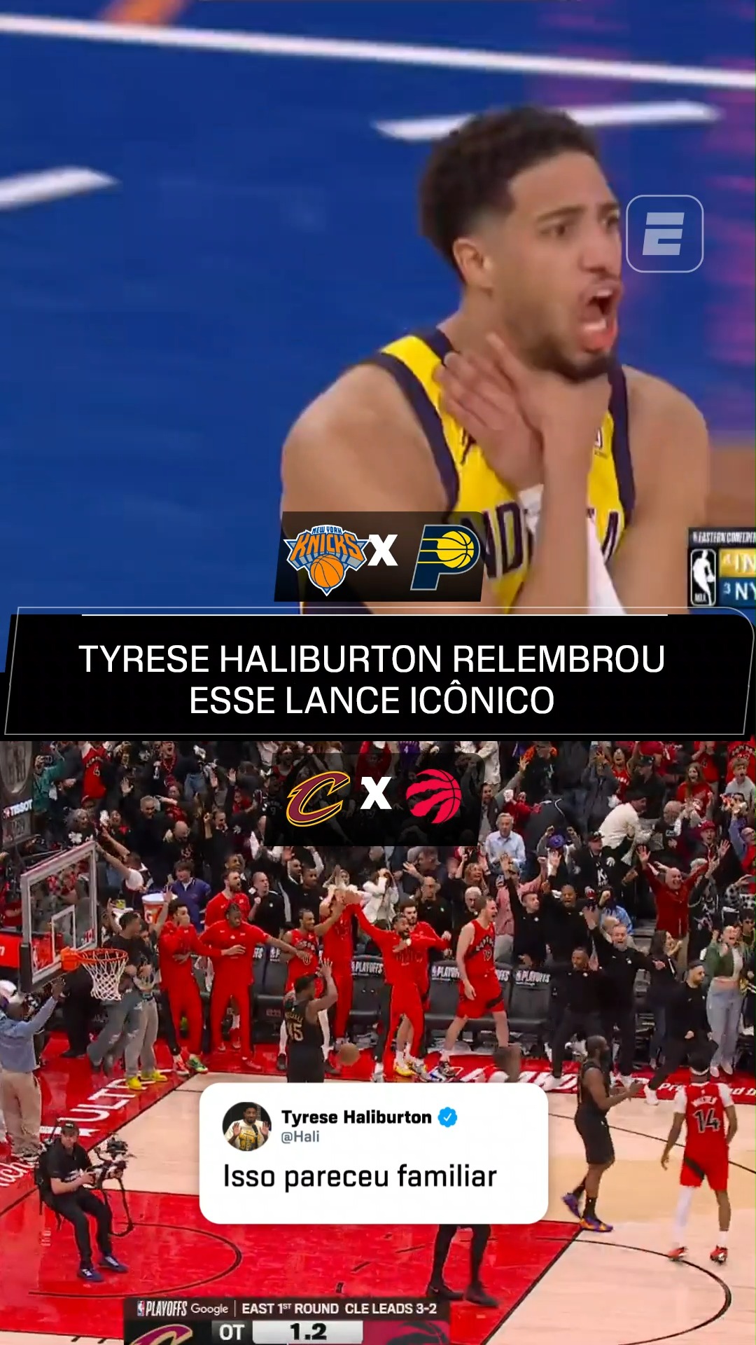 A ICÔNICA MÃO NO PESCOÇO! Por meio de uma publicação no X, o astro do Indiana Pacers Tyrese Haliburton também lembrou que o game-winner do RJ Barrett foi idêntico ao arremesso dele que forçou a prorrogação diante dos Knicks nas finais do Leste na temporada passada! 😅

Assista aos Playoffs da NBA na ESPN, pelo Plano Premium do #DisneyPlus!

#NBAnaESPN