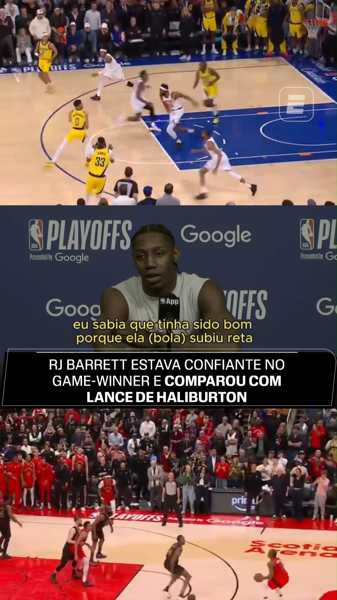 🗣️ Na coletiva após a vitória sobre os Cavs, RJ Barrett também falou sobre a semelhança do seu arremesso com o de Tyrese Haliburton na temporada passada, durante as finais da Conferência Leste.

Assista aos Playoffs da NBA na ESPN, pelo Plano Premium do #DisneyPlus!

#NBAnaESPN