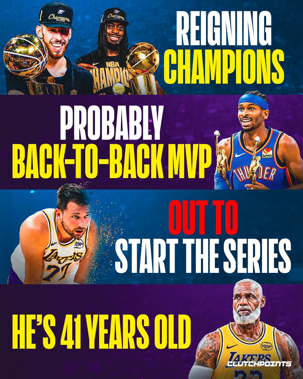 At 41 years old, LeBron James is still Option 1.

LeBron just pushed the Lakers past the Rockets.

But the reward is maybe the biggest mountain he’s ever had to climb: the reigning champion Oklahoma City Thunder. 

This is a collision of eras. 

On one side, you have a 41-year-old LeBron who refuses to fade away. 

On the other hand, you have the NBA's next great dynasty in the making. 

OKC is the reigning NBA champion and looking to secure the back-to-back. 

Shai Gilgeous-Alexander is on the verge of being named back-to-back MVP. 

And LeBron is heading into battle without Luka Doncic against a young, deep, and dominant squad that many believe is unbeatable. 

For LeBron, the stakes couldn't be higher. 

He is basically going head-to-head with the future of the league, and if he manages to take down this Thunder juggernaut at this stage of his career…

The GOAT debate might officially be over. 

There would be nothing left to argue. 

Can LeBron James pull off one more miracle against the reigning champs?