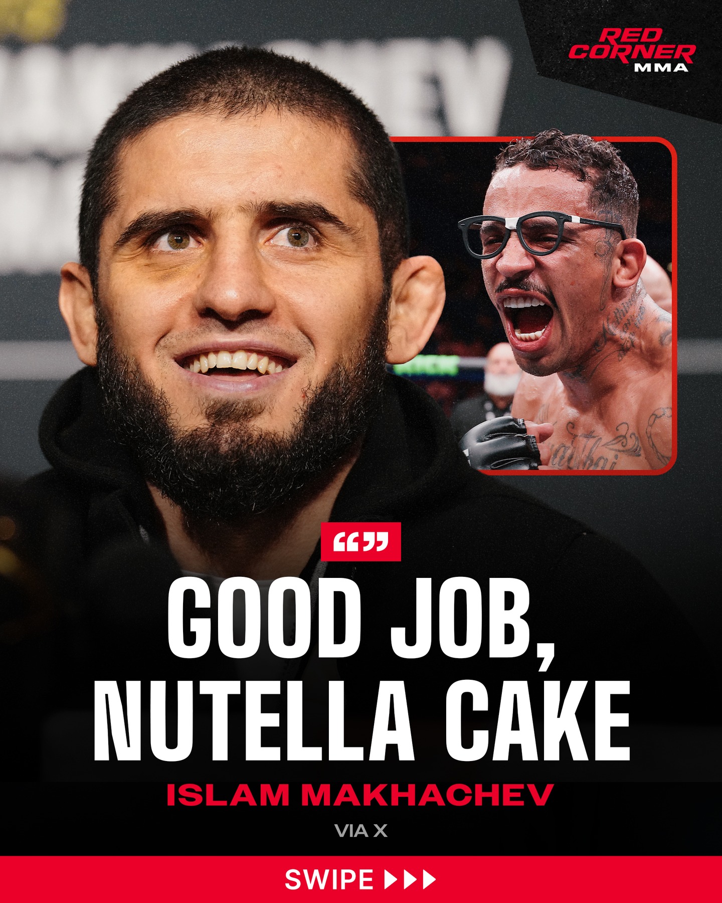 The double champ congratulates Carlos Prates on his TKO win in the main event of #UFCPerth against Jack Della Maddalena.

Prates called for Islam on the mic after his win, saying he’s next up after Islam’s rumored potential first title defense against Ian Machado Garry.

Will we see Islam against “Nutella cake” one day? 😅🍫

🎥: @sportsnet
