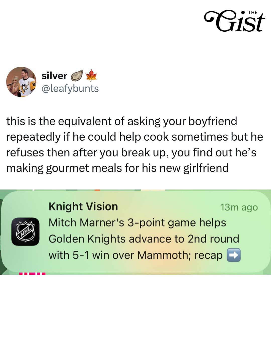 Not emotionally stable enough to be mature about this. 😑⁣
⁣
The Vegas Golden Knights defeated the Utah Mammoth 5-1 in Game 6 to take the series 4-2 and advance to the next round. 💪⁣
⁣
The Knights’ win was powered by *cough* former Toronto Maple Leaf *cough* Mitch Marner, who had two goals and five assists.⁣
⁣
Vegas will face Anaheim in the second-round series. 🏒⁣
⁣
#menssports #hockey #nhl #nhlplayoffs #marner ⁣