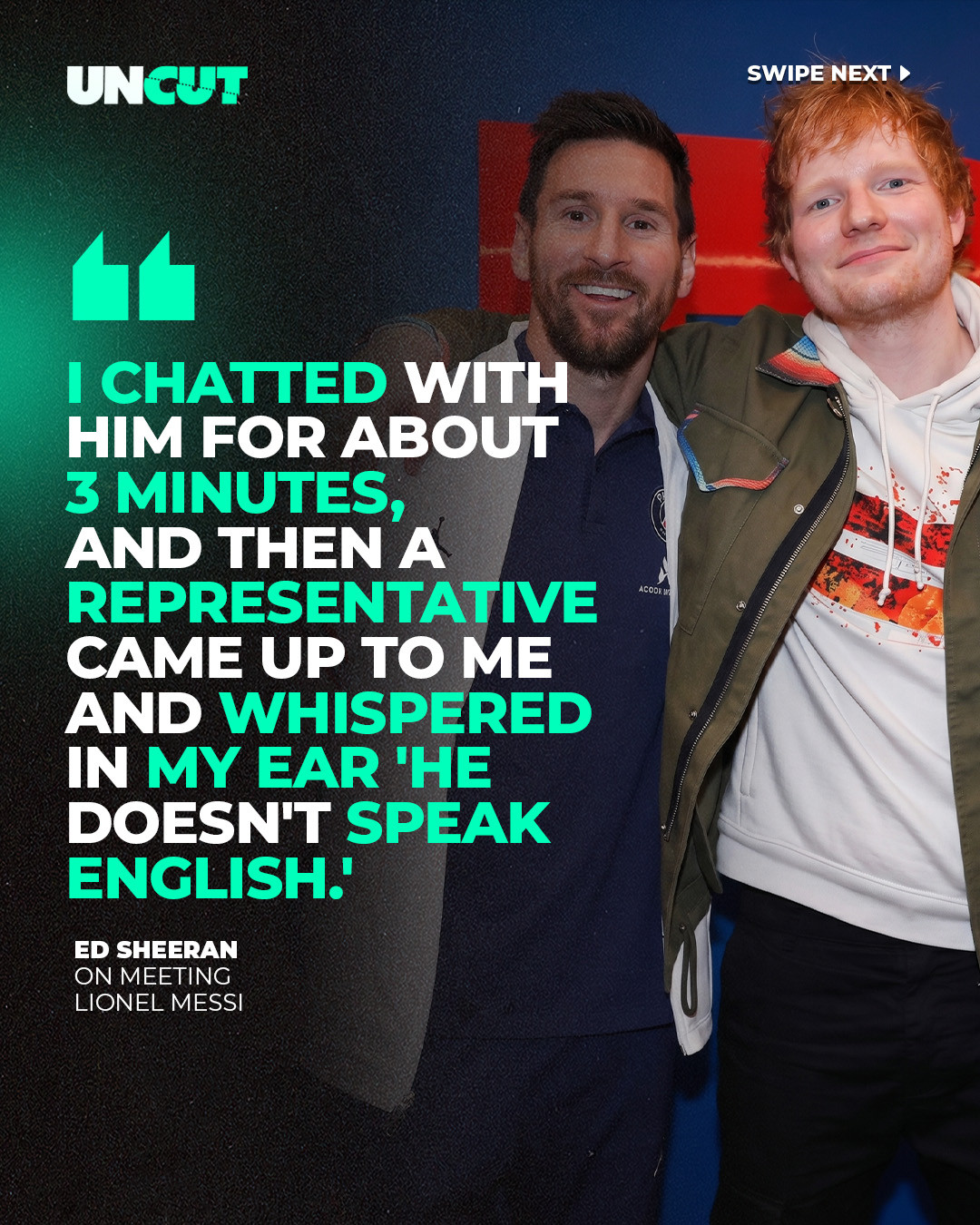 Ed Sheeran once chatted with Lionel Messi for 3 minutes thinking they were having a real conversation 😭⚽⁠
⁠
He was praising him the whole time until someone stepped in and told him Messi doesn’t speak English, meaning Messi had just been smiling and nodding the entire time without understanding 💀⁠
⁠
What do y’all think⁉️👀