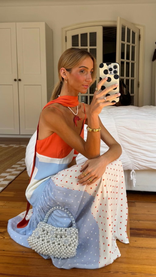 The GORGEOUS @guiomar.machaz in the GORGEOUS ‘multi stripe bea dress’ 🤎❤️🩵 #weddingguest #eurosummer #spotsandstripes