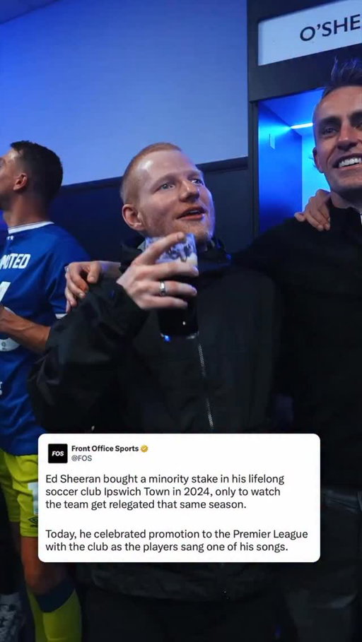 Ed Sheeran became a minority owner in his lifelong soccer club, but watched them get relegated that season.

The team was promoted back to the Premier League today, and the club celebrated with one of Ed Sheeran’s own songs.

(🎥 via @ipswichtown)
