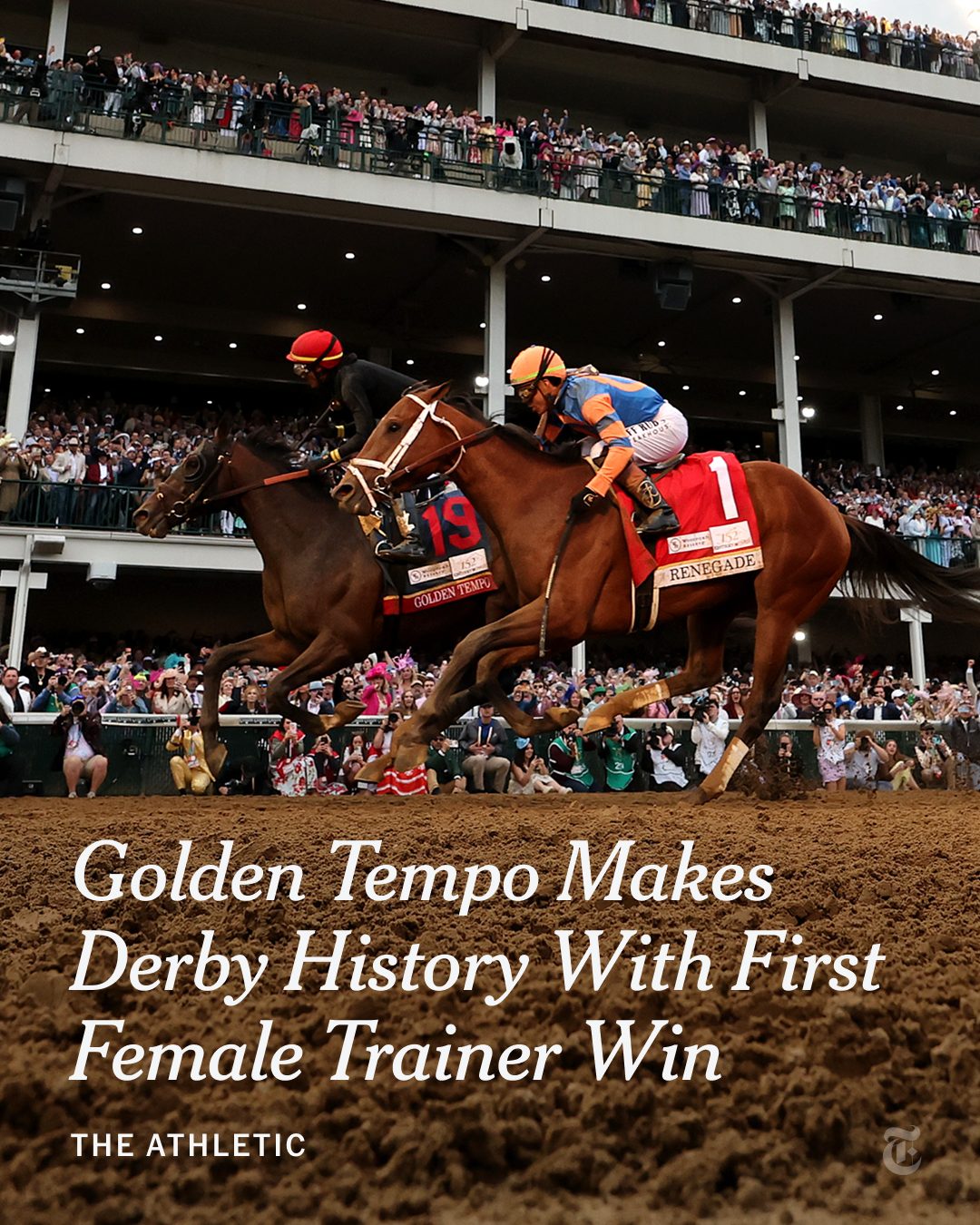 Golden Tempo won the 152nd running of the Kentucky Derby as a longshot winner, making Cherie DeVaux the first female trainer to claim a Derby victory.

“He was so far out of it,” DeVaux said. “I’m glad that I can be a representative of all women everywhere. That we can do anything we set our minds to.”

The No. 19 horse closed strongly down the final straight to get the win. Morning-line favorite Renegade was second and Ocelli, an also-eligible horse that got into the field during the week, was third. 

Golden Tempo had 23-to-1 odds at post time.

Tap the link in our bio to read more and live coverage from @theathletichq. Photo by Michael Reaves/Getty Images.