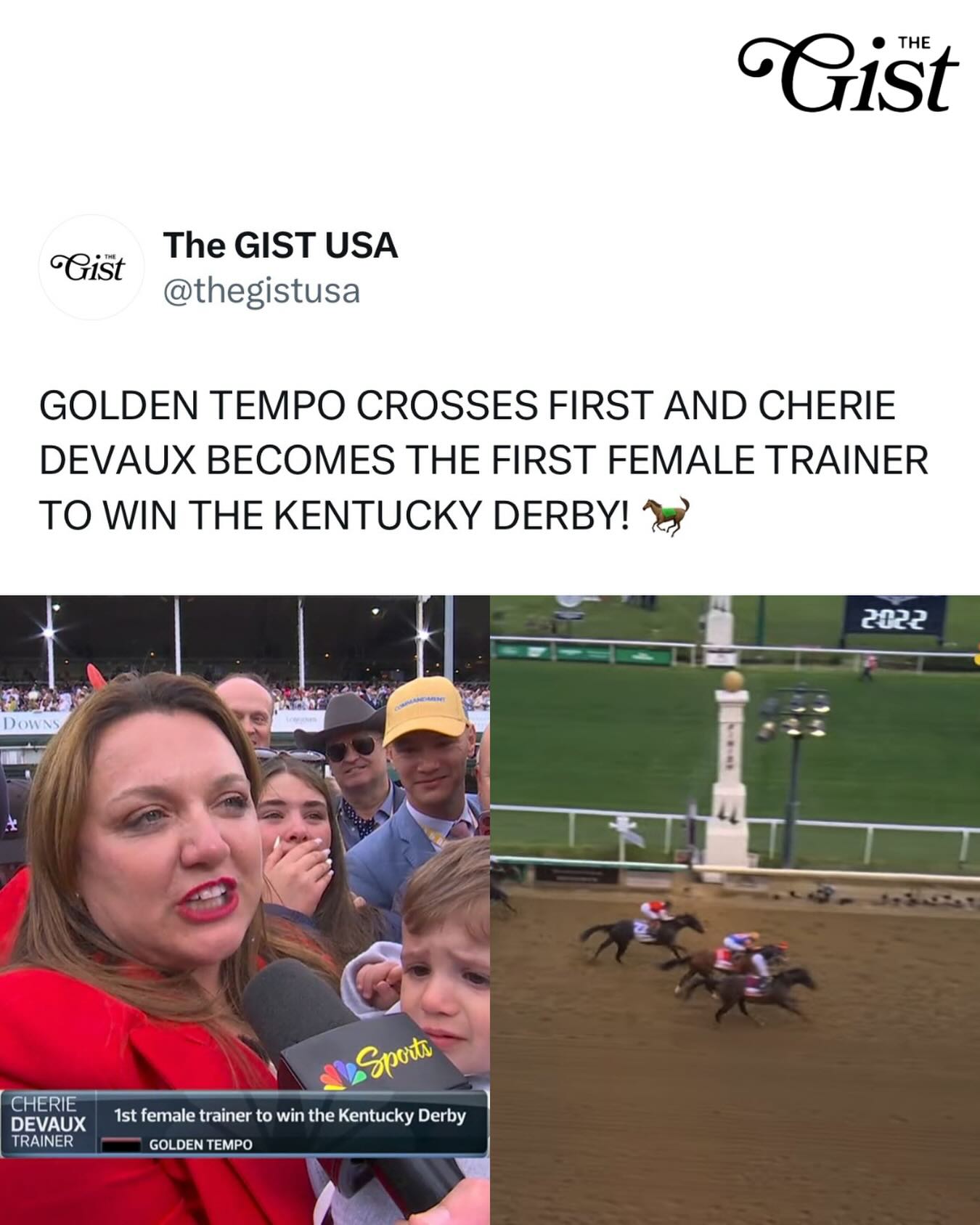 HERSTORY MADE. 🤩

Golden Tempo crossed the finish line first in the 152nd Kentucky Derby, making Cherie Devaux the first-ever female trainer to win the Derby. 👏

“I’m glad to be a representative of all the women everywhere that we can do anything we set our minds too,” said Cherie after the race. 🥹

Golden Tempo wins it at 24-1 odds. Now that’s an underdog story. ⭐️ 

Congratulations Cherie. 🔥

#womenssports #kentuckyderby #horseracing
