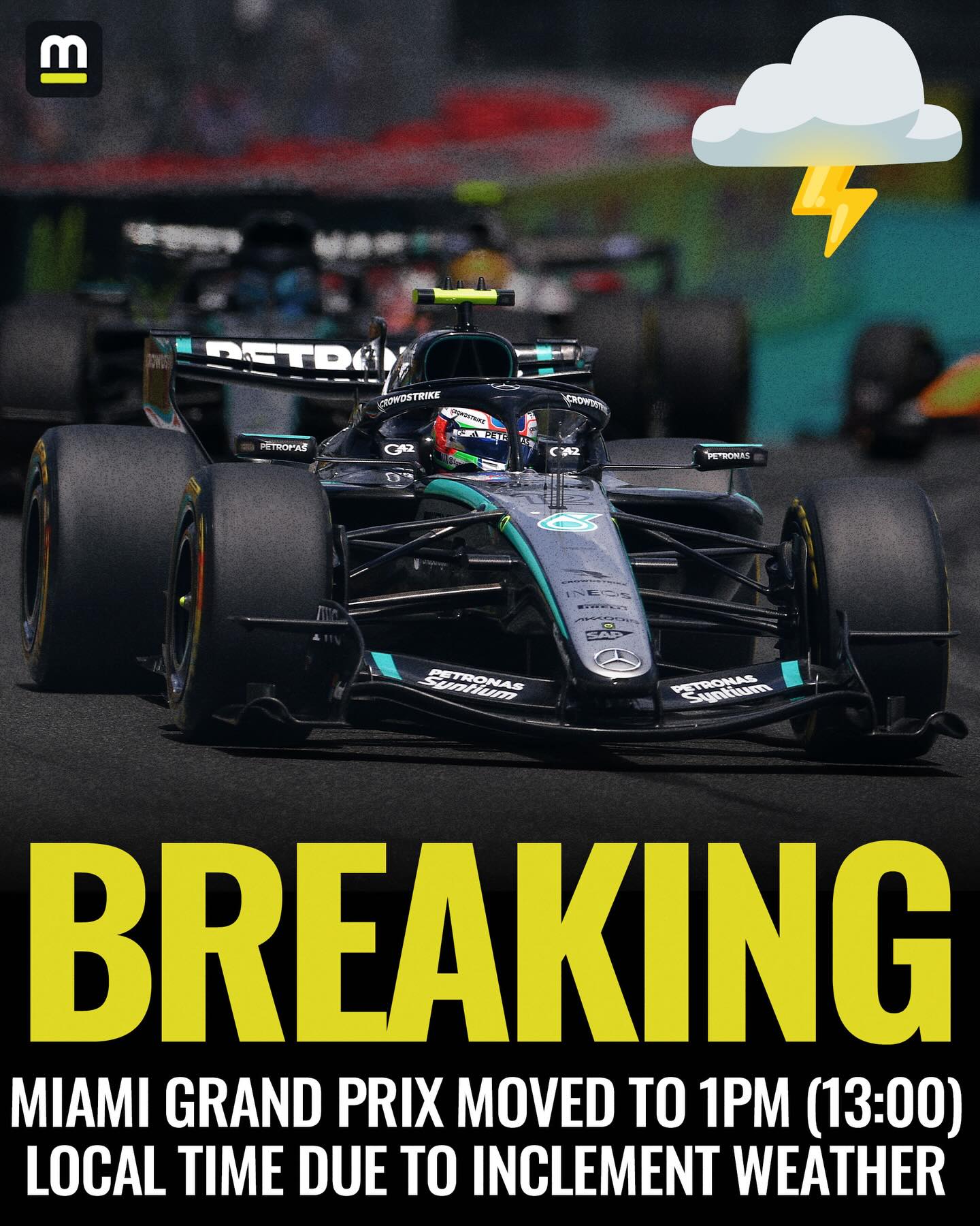START-TIME UPDATE FOR THE MIAMI GRAND PRIX! ⏰

Due to heavy storms in the forecast, the start has been moved up by three hours.