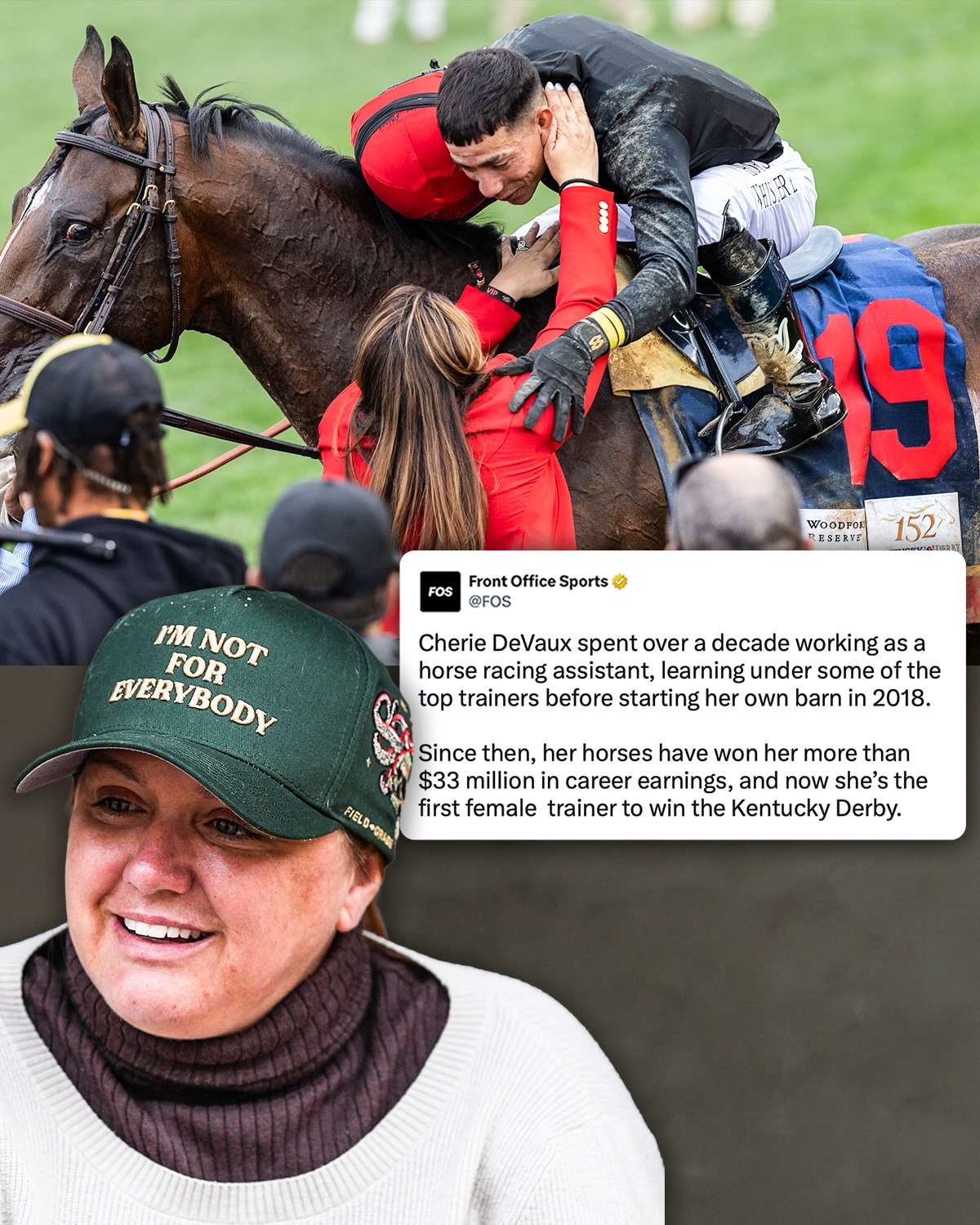 Cherie DeVaux is now the first-ever female trainer to win the Kentucky Derby after Golden Tempo won the 152nd annual event.

(🎥 via @americasbestracing)