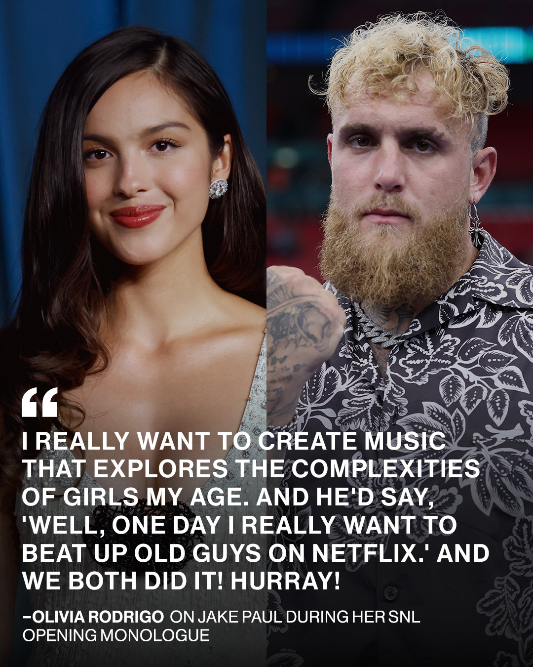 During her Saturday Night Live monologue, Olivia Rodrigo joked about how she and Jake Paul both got their start on Disney Channel’s 'Bizaardvark' and how they imagined their futures.
ㅤ
(📸: Getty)