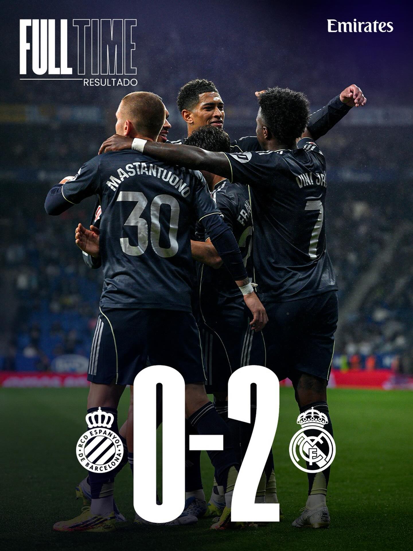 🏁 FT: Espanyol 0-2 Real Madrid
⚽ 55’ @ViniJr
⚽ 66’ @ViniJr
@Emirates | #EspanyolRealMadrid
