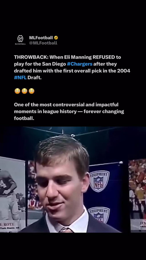 THROWBACK: When Eli Manning REFUSED to play for the San Diego #Chargers after they drafted him with the first overall pick in the 2004 #NFL Draft.

😳😳😳

One of the most controversial and impactful moments in league history — forever changing football.

#NFL
