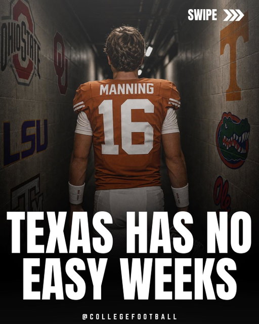 Texas might have the hype, the talent, and the playoff expectations, But this schedule is not friendly at all.

Ohio State early. Oklahoma in Dallas. Florida, LSU, Texas A&M, Tennessee, Ole Miss, and Missouri all sitting there too. There are no “just survive and move on” weeks when the road looks like this.

If Arch Manning and Texas make a real title run through this schedule, nobody can call it easy.

What record would be a successful season for the Longhorns? 👀