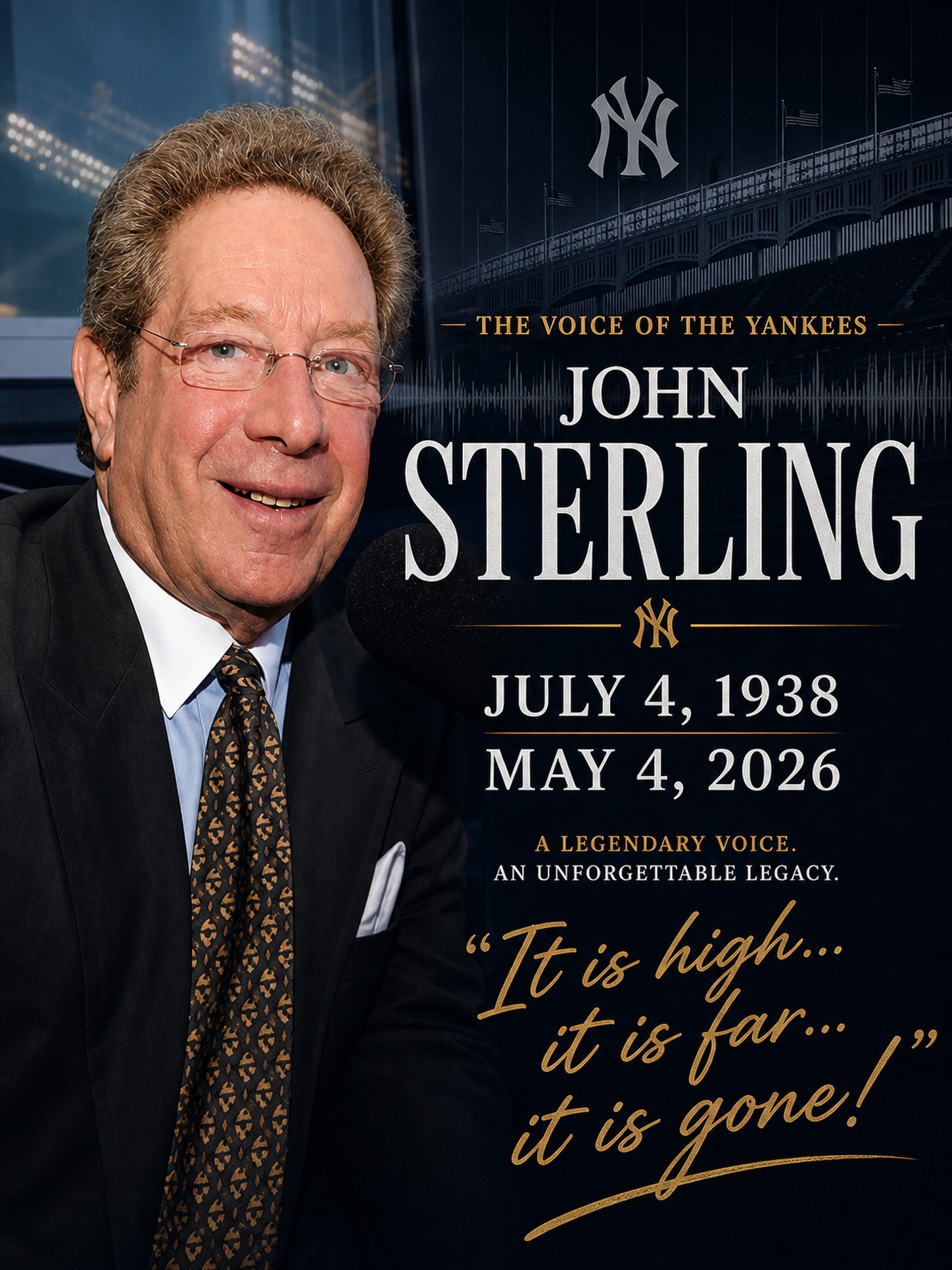The voice we grew up with is gone.

For decades, John Sterling wasn’t just calling games, he was Yankees baseball.

Every home run, every signature call, every October moment. You didn’t just watch the Yankees, you heard them through him.

There will never be another voice like John Sterling ❤️ Rest in peace to a legend. 

#Yankees #JohnSterling #NYY #YankeesHistory #MLB