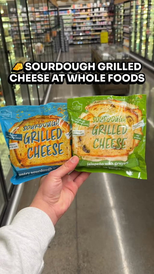 🧀 Sourdough Grilled Cheese sandwiches are the local freezer find that heat up like something you actually made yourself. Coming in three varieties including Country Sourdough with Cheddar and Mozzarella, Jalapeno with Gruyere, and Challah with Swiss and Mozzarella, every option is packed with high quality cheese on real sourdough bread. 🔥 ($6.09) #wholefoods #wholefoodsmarket #afriendlybread
