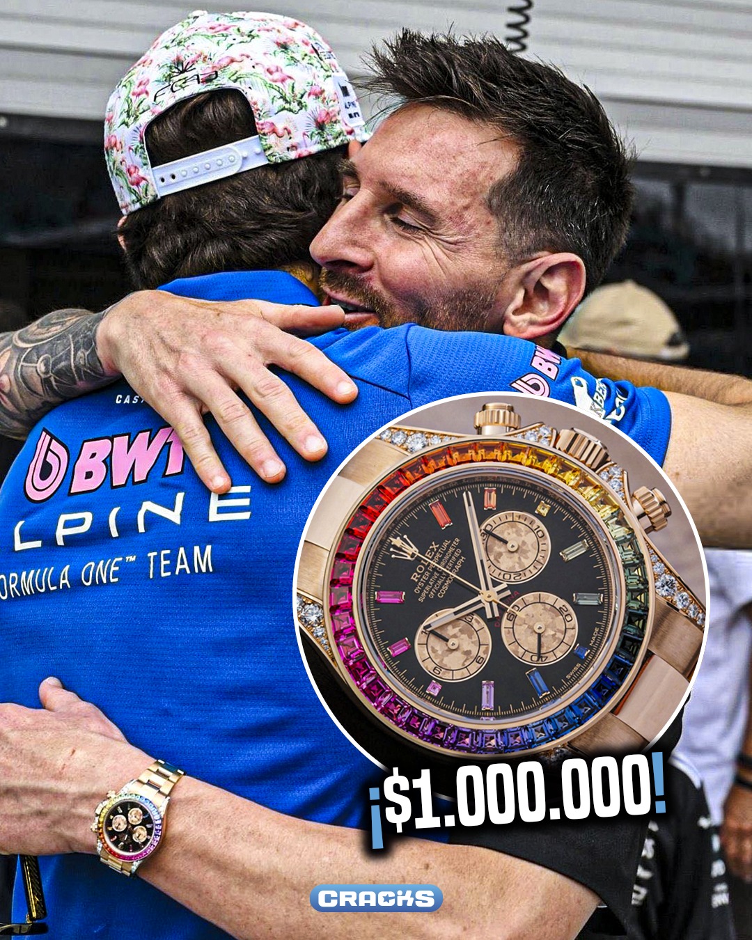 ¡MESSI DE LUJO TOTAL! 🤑

📌 Lionel Messi apareció en el GP de Miami con un Rolex exclusivo.

⌚️ Un Daytona Rainbow fuera de catálogo valorado en $1M.

💎 Oro, zafiros arcoíris y 56 diamantes en el diseño.