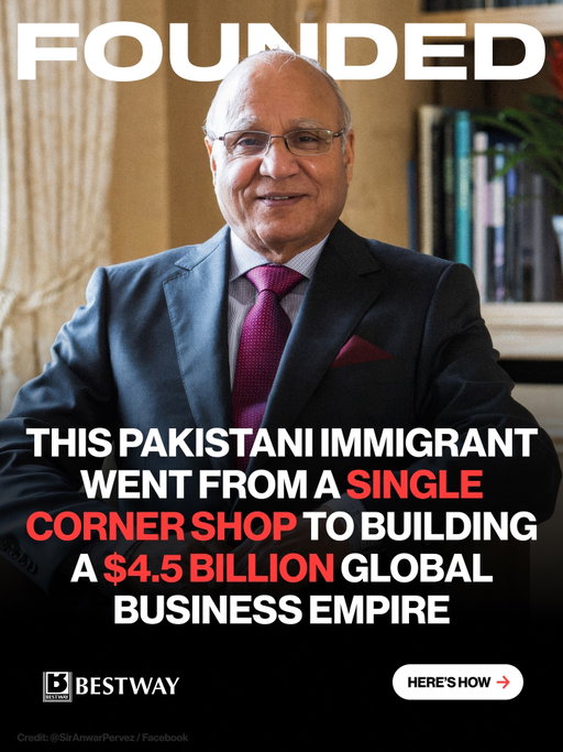 This Pakistani immigrant turned one corner shop into a £4.5B empire.

At 21, Sir Anwar Pervez left Pakistan for England with almost nothing.

Back home, he earned 96 rupees a month as a telephone operator.

In Bradford, he worked double shifts, seven days a week, as a bus conductor for £16.

But he was saving for something bigger.

In 1963, he opened a tiny Earl’s Court shop selling masala, rice, and halal meat.

By the 1970s, he had 11 stores.

Then he became the supplier.

That move became Bestway.

Today, it employs 41,000+ people and serves millions across the UK, Pakistan, and the Middle East.

From bus shifts to a £4.5B business.

That’s the immigrant long game.