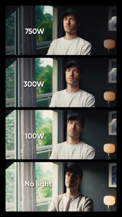 750W 🤯

750W: It balances the bright window background with the subject, preventing the background from looking « blown out » while keeping skin tones crisp and clear.

300W: It provides enough light to see detail in the shadows (the black wall) without looking overly lit.

100W: It doesn’t quite fill the shadows, leading to a high-contrast look where the window remains the dominant light source. It’s the budget friendly option.

No Light: Without a key light, the subject is backlit. Unless you’re going for a mysterious silhouette, this usually makes the image look flat and unprofessional.

And the only light I used here is the Nanlite FC 720C, and it’s as bright as your future. Pure sun.
