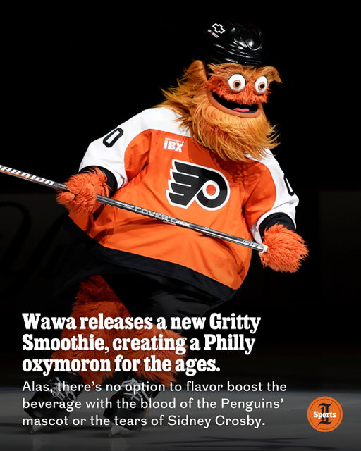 The Gritty Smoothie — a Philly oxymoron for the ages — is orange in color, of course, but is not orange-flavored (Gritty has no time for your logic).⁠
⁠
The mango-pineapple-and-tart-cherry smoothie comes topped with whipped cream and chocolate chips (perhaps a nod to Gritty’s gaping eyes, which stare into the void and pierce the cold hearts of his enemies). It’s served in a new, disposable cup that features Gritty’s peepers and some tuffs of his orange fur.⁠
⁠
Alas, there’s no touch-screen option to flavor boost the beverage with the blood of the Penguins’ mascot or the tears of Sidney Crosby.⁠
⁠
The timing of the release of the Gritty Smoothie coinciding with the Flyers’ first playoff run in years is kismet. Both Wawa and Gritty have been teasing their collaboration since the end of March on social media, well before the Flyers made it into the playoffs.⁠
⁠
The cross-promotion pairs two of Philly’s biggest cultural touchstones — a 62-year-old convenience store chain and an 8-year-old unhinged mascot. Philadelphia didn’t choose this life, it chose us.⁠
⁠
So, are you ordering a Gritty Smoothie? ⁠
⁠
Read more about the collaboration at the link in @phillyinqsports’ bio.⁠
⁠
📝 by @farfarraway0444 / Staff⁠
📸 by Yong Kim / Staff Photographer; Courtesy of Wawa