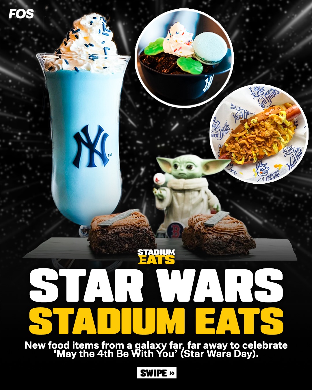 Teams are celebrating May the 4th with these stadium eats from a galaxy far, far away.

• Jabba the Hutt-Dog
• Chewbacca Brownie
• Blue Milk Milkshake
• Grogu’s Dirt Pudding Sundae
• Dark Side Pork Tacos

May the eats be with you this Star Wars Day.