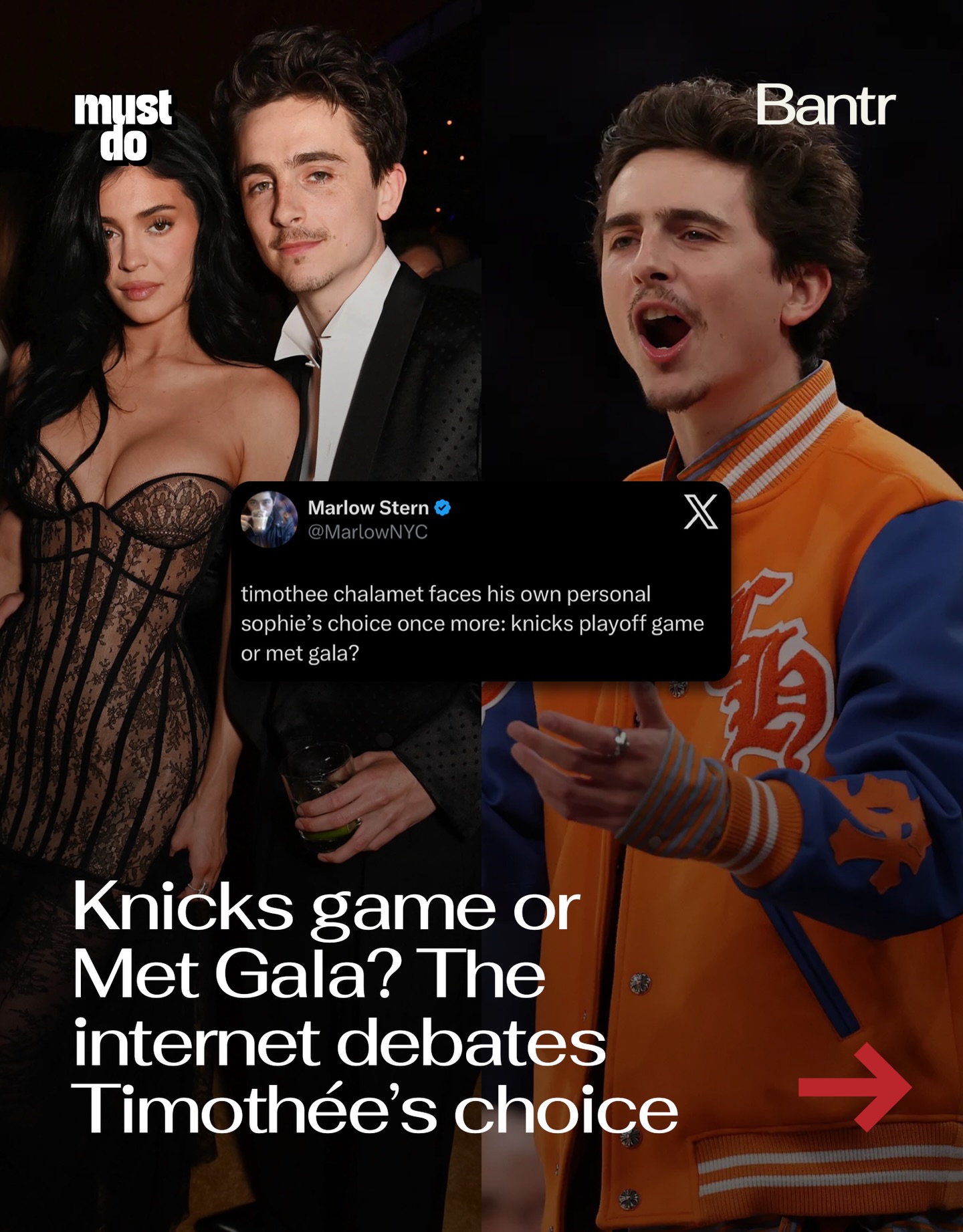 This is a very New York problem.

Timothée Chalamet has to choose between the Met Gala and the Knicks playoff opener… on the same night.

Both are happening in Manhattan, just minutes apart, with Met Gala arrivals starting around 5:30 PM and Game 1 tipping off at 8 PM at Madison Square Garden.

Last year, he skipped the gala completely to watch the Knicks playoff game, and fans loved him for it.

This time, Kylie Jenner is expected at the Met, so there’s real speculation he might try to do both.

Quick red carpet… then straight to the Garden.

What are you choosing?

Media via Instagram/Shutterstock

#readbantr #timotheechalamet #metgala #knicks