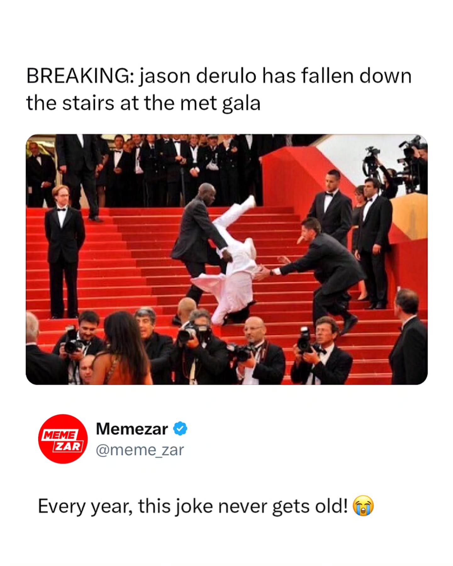As long as the Met Gala continues to happen, Jason Derulo falling down the stairs will make me laugh at least once a year 😭

Like this content? Follow us for more @Memezar ❤️