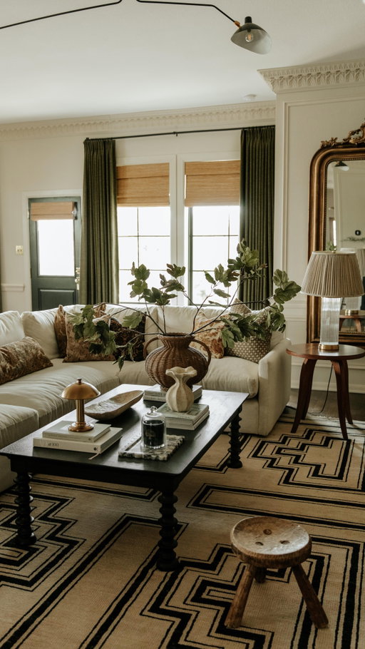 I am so picky about every piece that goes in this room!I’ve had the same rug I kept going back to for 4 years and I’ve loved it, but these days with a baby, we’re spending a lottt of time on the floor and needed something way more comfy. I’m extremely picky about everything that goes in this room because it’s where we spend the most time and I have to LOVE it. I’ve had my eye on this Senna rug from @luluandgeorgia for years and always knew it would look so good in here, and I was right, it’s perfect, bold and beautiful!! I also saw this beautiful Fiore side table from Lulu and Georgia and fell in love with its curves. I replaced the thrifted little table I had here with it and it’s stunning!