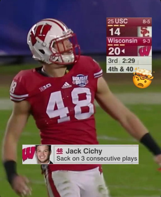 He forced a 4th & 40‼️

We’re celebrating Three-Sack Jack Cichy’s 3️⃣0️⃣th birthday with his iconic sequence in Wisconsin’s 2015 Holiday Bowl win over USC.