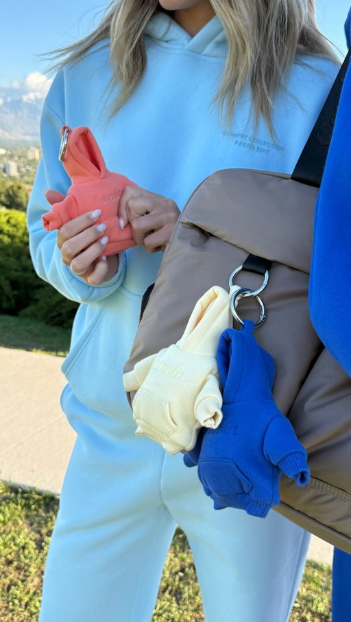 Carry your calm with you. The Hoodie Keychain that doubles as a stress ball. 🤍