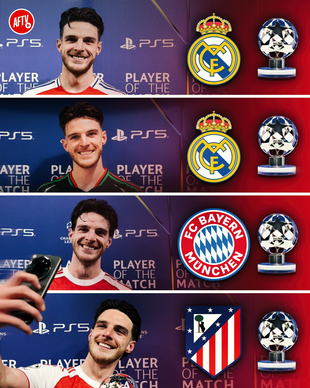 Bayern. Real Madrid x2. Atletico.

Declan Rice collects POTM awards like they’re training cones. 🧊