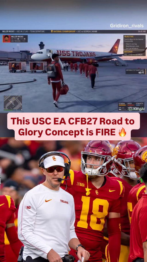 This USC EA Sports College Football 27 Road to Glory Concept is FIRE 🔥

Members of the college football community are continuing to pump out unique ideas for the upcoming EA Sports College Football 27 game, and this My-Career style concept is making waves online.

Yes, yes I know there have been 100s of these, but this concept shows how the EA Sports team could further immerse users into the life of a college football player.

A USC fan account “TrojanFBx” shared the fan-made concept video by “Gridiron_rivals” depicting an immersive “day in the life” of a USC running back in EA College Football 27’s Road to Glory mode.

The concept includes airport team travel, in-flight film study, team meals, locker room gear-up, and stadium walkout for a national championship.

The 23-second clip uses in-game style visuals with UI overlays like objectives, stats, and mini-map to highlight narrative elements such as studying defenses, hydrating, and warm-ups, building hype for deeper MyCareer-like storytelling in the upcoming title.

Now, we must note, many of these concepts are unlikely to actually appear in the game, but you have to respect the creativity from the community as they continue to throw new ideas out there.

Is this something you would like to see in the title’s future?🤔

#collegefootball #cfb #cfb26 #cfb25