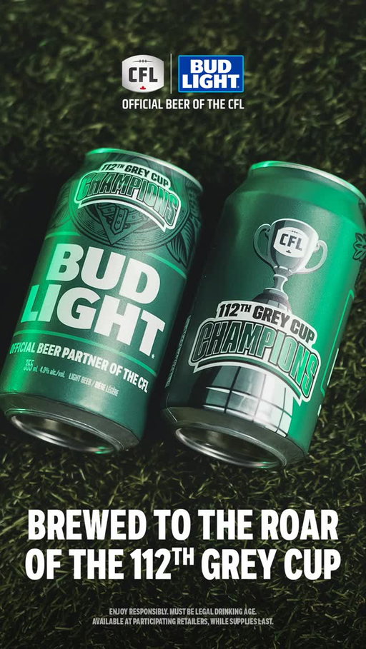 You can celebrate the 112th Grey Cup champions with these limited-edition Bud Light cans created in collaboration with @CFL

The entire 112th Grey Cup game, inclusive of the inaugural Bud Light Halftime Show, was played on loop in the brewery, bringing the spirit of every play, celebration and cheers experienced in the stands into this batch of Bud Light.

Available for a limited time at participating retailers only in Saskatchewan.