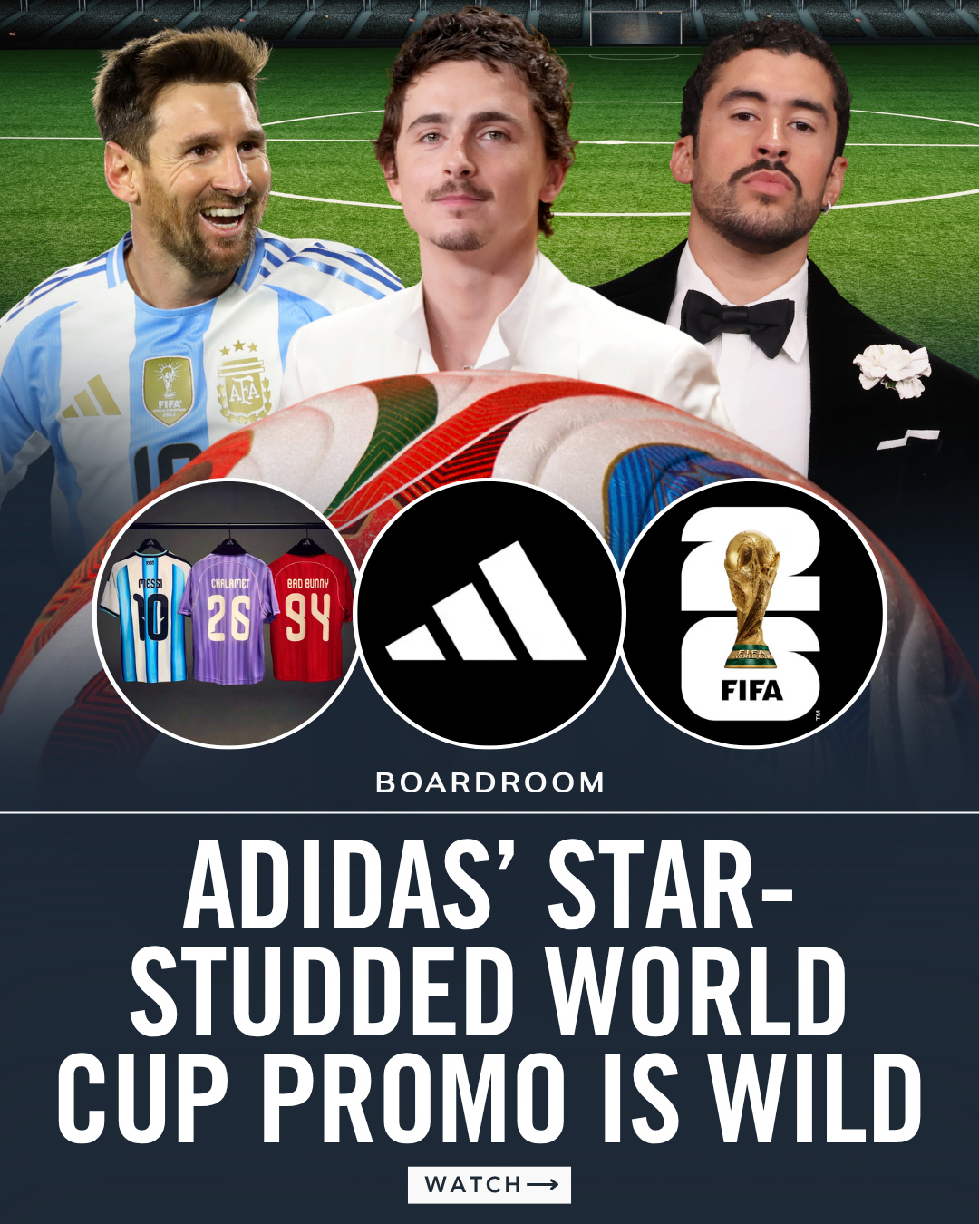 Adidas is leaning all the way into star power for its 2026 World Cup campaign, bringing together Timothée Chalamet, Bad Bunny, Lionel Messi, Trinity Rodman, Jude Bellingham, David Beckham, and Zinedine Zidane in a new World Cup ad centered around a neighborhood street soccer match.⁠
⁠
The campaign serves as a major push ahead of the 2026 FIFA World Cup across the U.S., Canada, and Mexico, with Adidas positioning the tournament as a key opportunity to grow its North American business and close the gap with rival Nike.⁠
⁠
(🎥: @tchalamet)