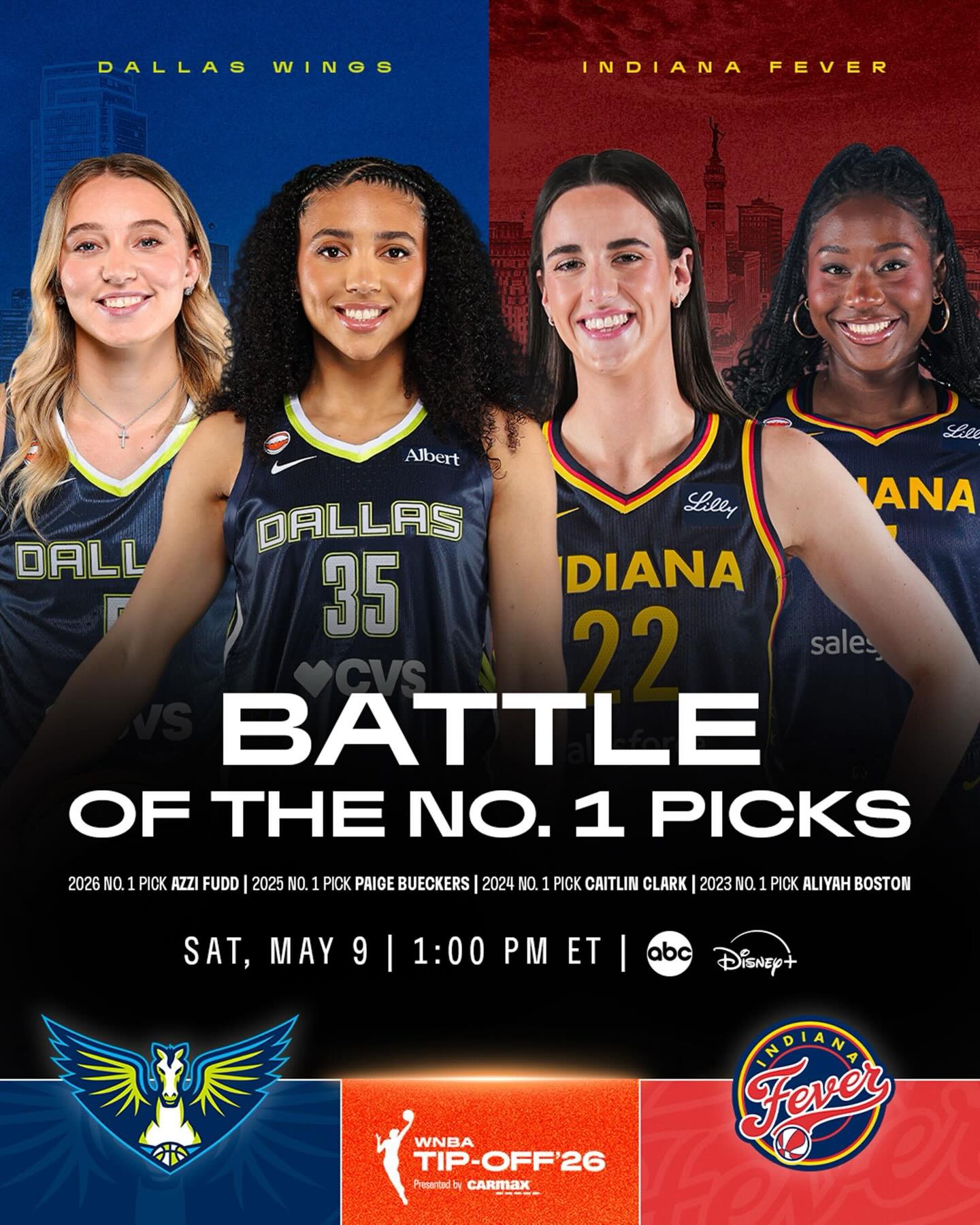 Four No. 1 picks. Two teams ready to make a statement. The wait is almost over. 🍿

After reloading this off-season, Indiana and Dallas meet in a Tip-Off Weekend battle featuring the last four No. 1 overall picks.

Tune in Saturday, May 9 at 1PM/ET on ABC & Disney+ as part of WNBA Tip-Off presented by @carmax!