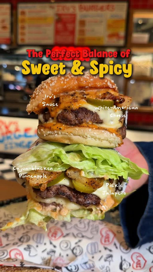 Get it before it’s gone! Addison Rae’s LA TO L.A. Combo features the perfect sweet + heat burger creation & is available through the end of May!

Expect grilled to order quarter lb beef patty with white American cheese, Cajun blackened pineapple, pickled jalapeños, and Irv’s sauce.

Addison Rae cups available while supplies last!

#LAburgers #AddisonRaeBurger #IrvsBurgers #LosAngelesFood