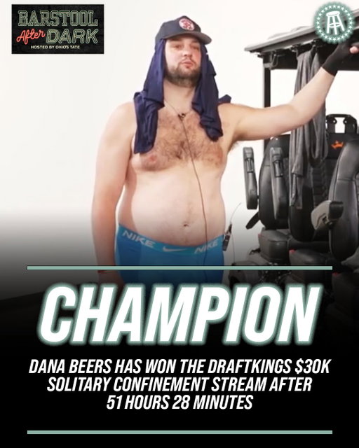 After 51 hours 28 minutes DANA BEERS is your Draft Kings 30K confinement stream champion 

WHAT A PERFORMANCE!