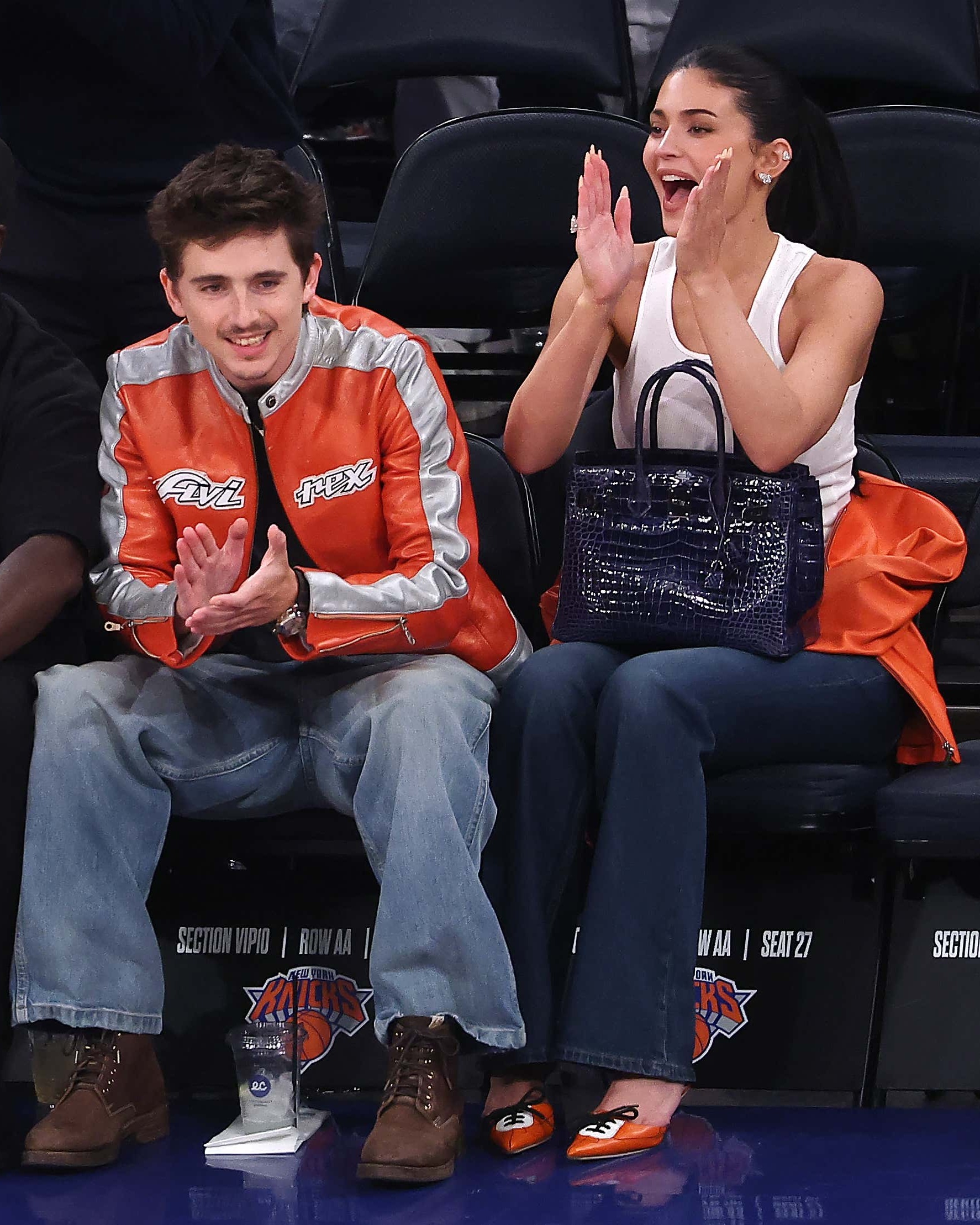 No Met Gala means Timothée Chalamet has his plus one, Kylie Jenner, back by his side at the Knicks playoff game 🏀