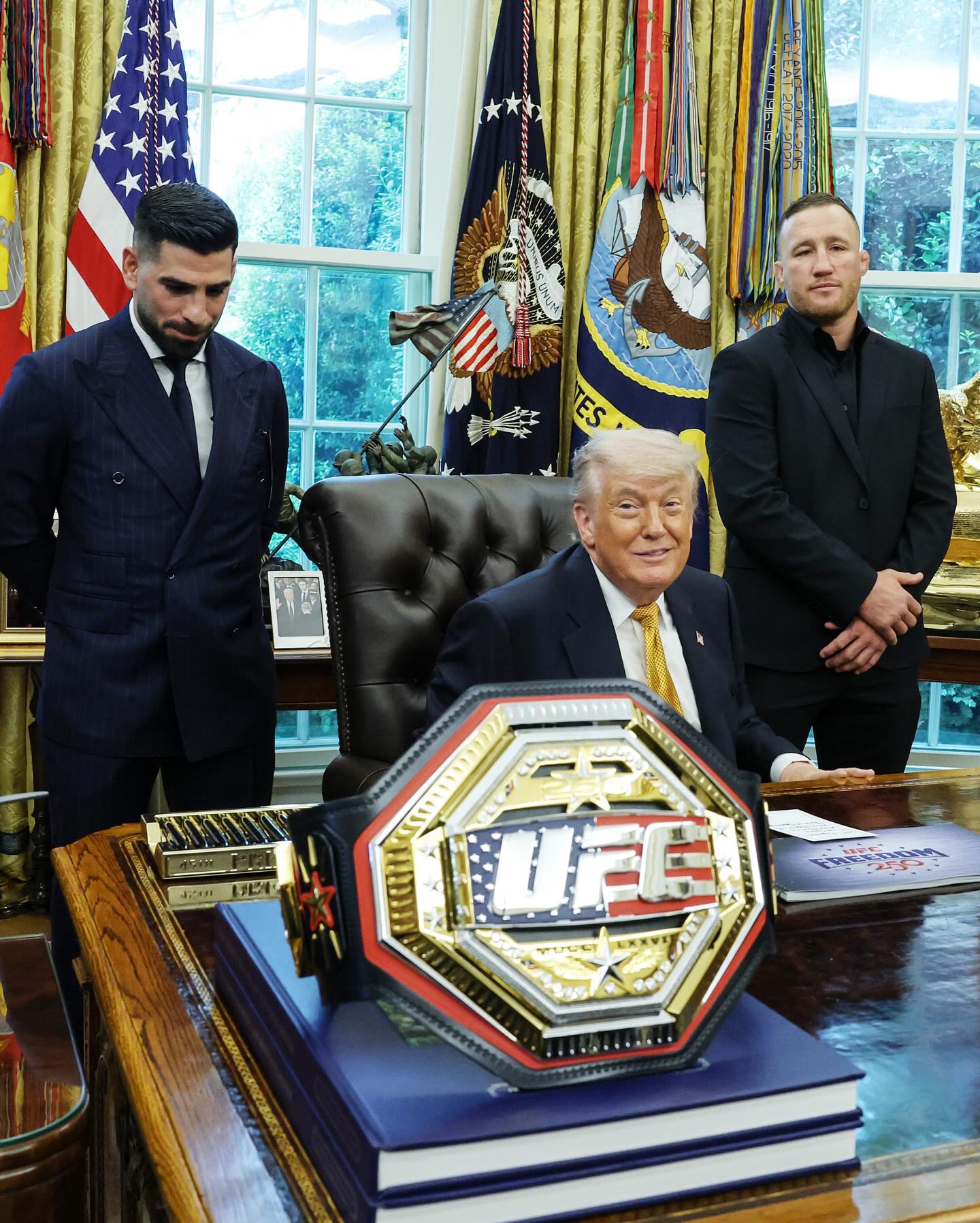 Ilia Topuria, Justin Gaethje, Ciryl Gane, and Alex Pereira pulled up to the White House today to face-off ahead of their UFC Freedom 250 fights 👀

(via Getty)