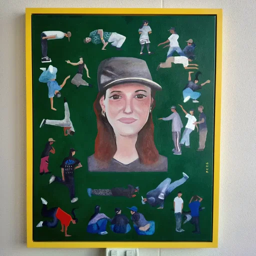 Peter Andrew Lawrence Clague Report 2026.

Rachael Gunn aka Raygun. 2026.
Acrylic on canvas.
Asked Raygun if I could paint her portrait for the Archibald art prize, and she said yes! The Archibald said no.
So this is my painting of Rachael Gunn surrounded by my figurative breakdancing studies 
I met Rachael and Sammy through Break-Juku, my son's breakdancing school run by B-Boy/Sensei Hideboo Shinokubo. Racheal taught an amazing creativity breakdancing work shop.
We had a three hour portrait sitting at the court house newtown on Sydney's hottest day in history. Since then, we have been meeting at breakdance battles.
I'm a hip-hop music fan but new to the australian breakdancing subculture, and like all artists and dancers I have met, they work so hard for their art form.
The day After Arisa Trew won gold in the women's park skateboarding ray guns, olympic Debut happened. What was it?  Satire ( a lot of laughing ), incompetence ( a lot of laughter), mockery ( laughter), entitled intellectual conspiracy, ( giggaling ) the most Australian pub dance that ever happened!
Rachael got so much hate?
I don't know, but the Rachael i know is an honestly legit creative friend that I'm proud to know and have painted.
I also know that Rachael has inspired a new generation of Australian breakdancers that are being built right now.

@raygun_aus
@hide_boo
@break.juku.sydney