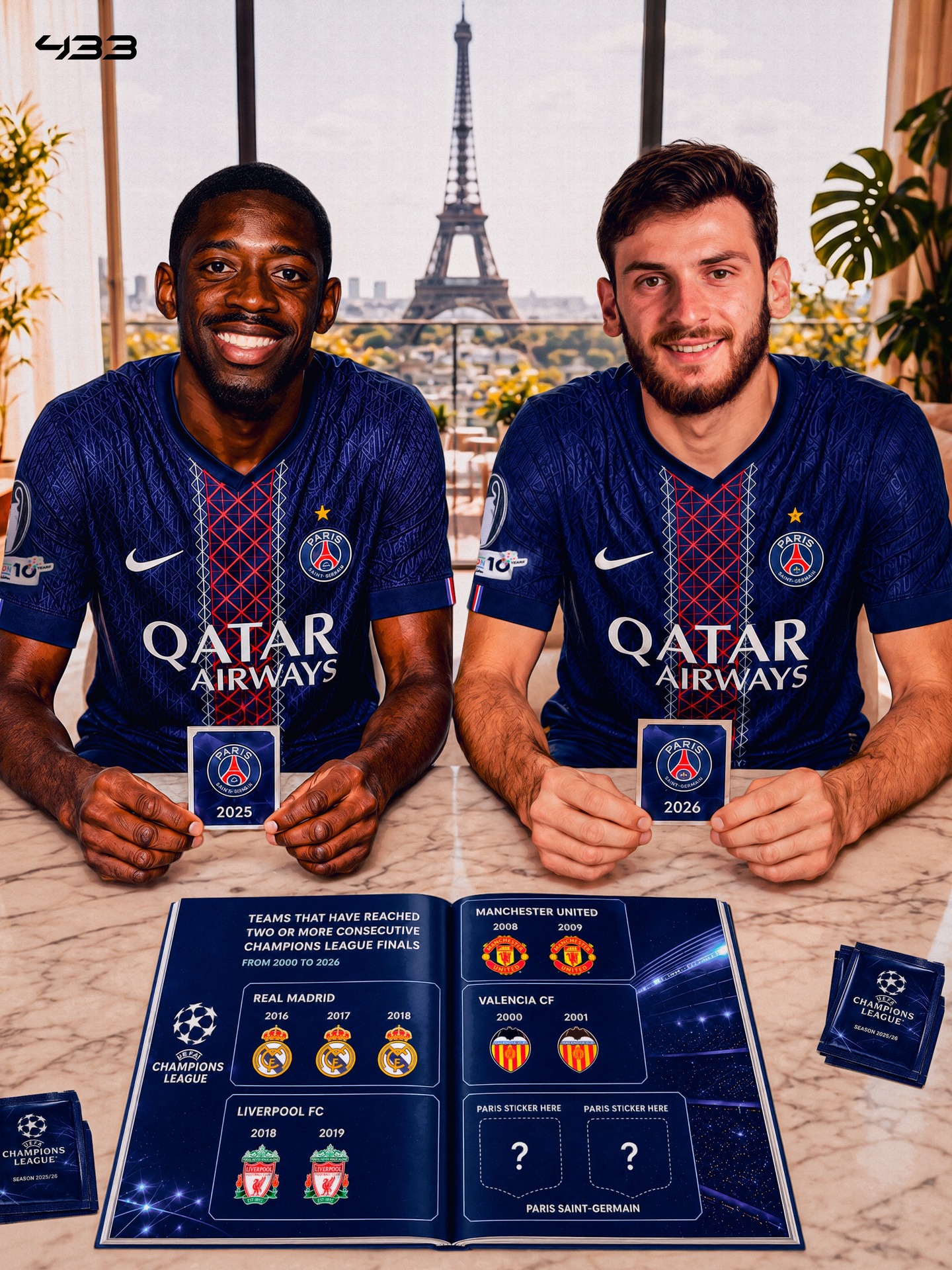 𝐏𝐒𝐆’𝐒 𝐆𝐎𝐋𝐃𝐄𝐍 𝐄𝐑𝐀 🌟

𝘽𝙖𝙘𝙠-𝙩𝙤-𝙗𝙖𝙘𝙠 UCL finals secured for PSG 🇫🇷✨

Only a handful of clubs have managed to reach consecutive UCL finals 𝘁𝗵𝗶𝘀 𝗰𝗲𝗻𝘁𝘂𝗿𝘆… and PSG are now one of them 👀

🦇 Valencia — 2000 & 2001
👹 Man United — 2008 & 2009
⚪️ Real Madrid — 2016, 2017 & 2018
🔴 Liverpool — 2018 & 2019
🆕 𝗣𝗦𝗚 — 𝟮𝟬𝟮𝟱 & 𝟮𝟬𝟮𝟲