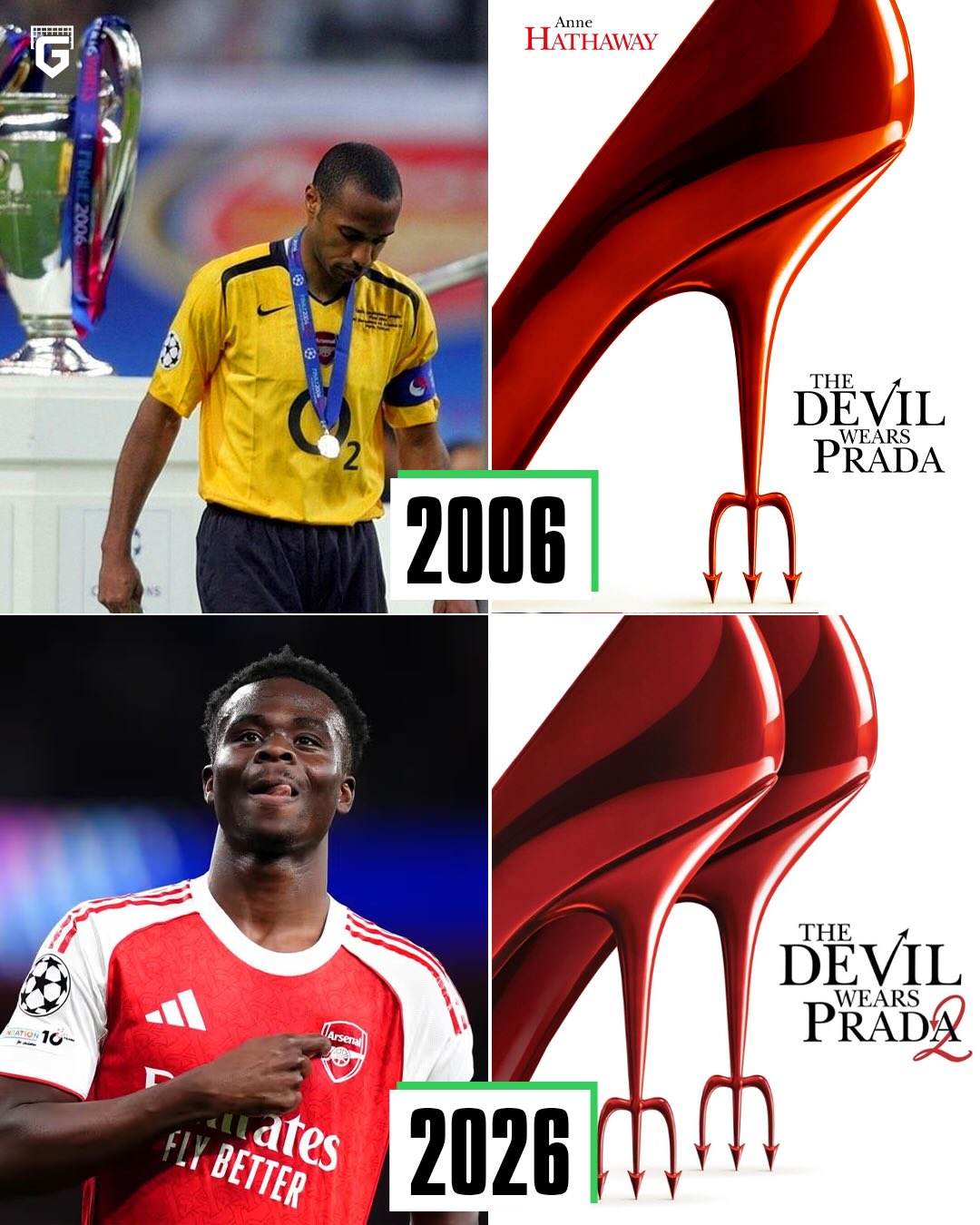 The last time Arsenal reached the Champions League final was in 2006, the year The Devil Wears Prada was released👀

Twenty years later, the Gunners return to the championship final, coinciding with the release of The Devil Wears Prada 2 in theaters😂👠