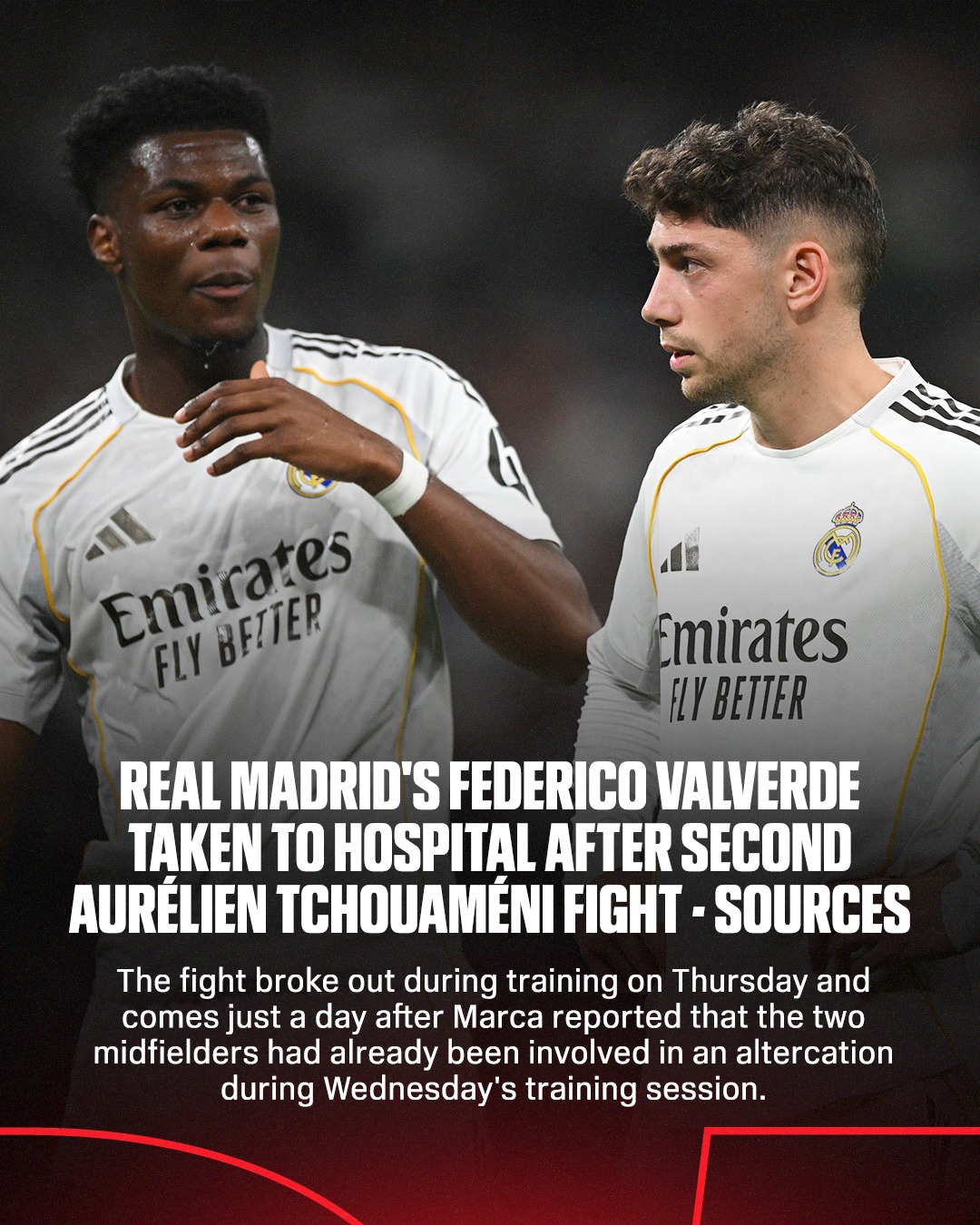 Real Madrid midfielder Federico Valverde had to be taken to a hospital after getting into a fight with teammate Aurélien Tchouaméni just three days before ElClásico against Barcelona, sources have told ESPN.

Link in bio for the full story.