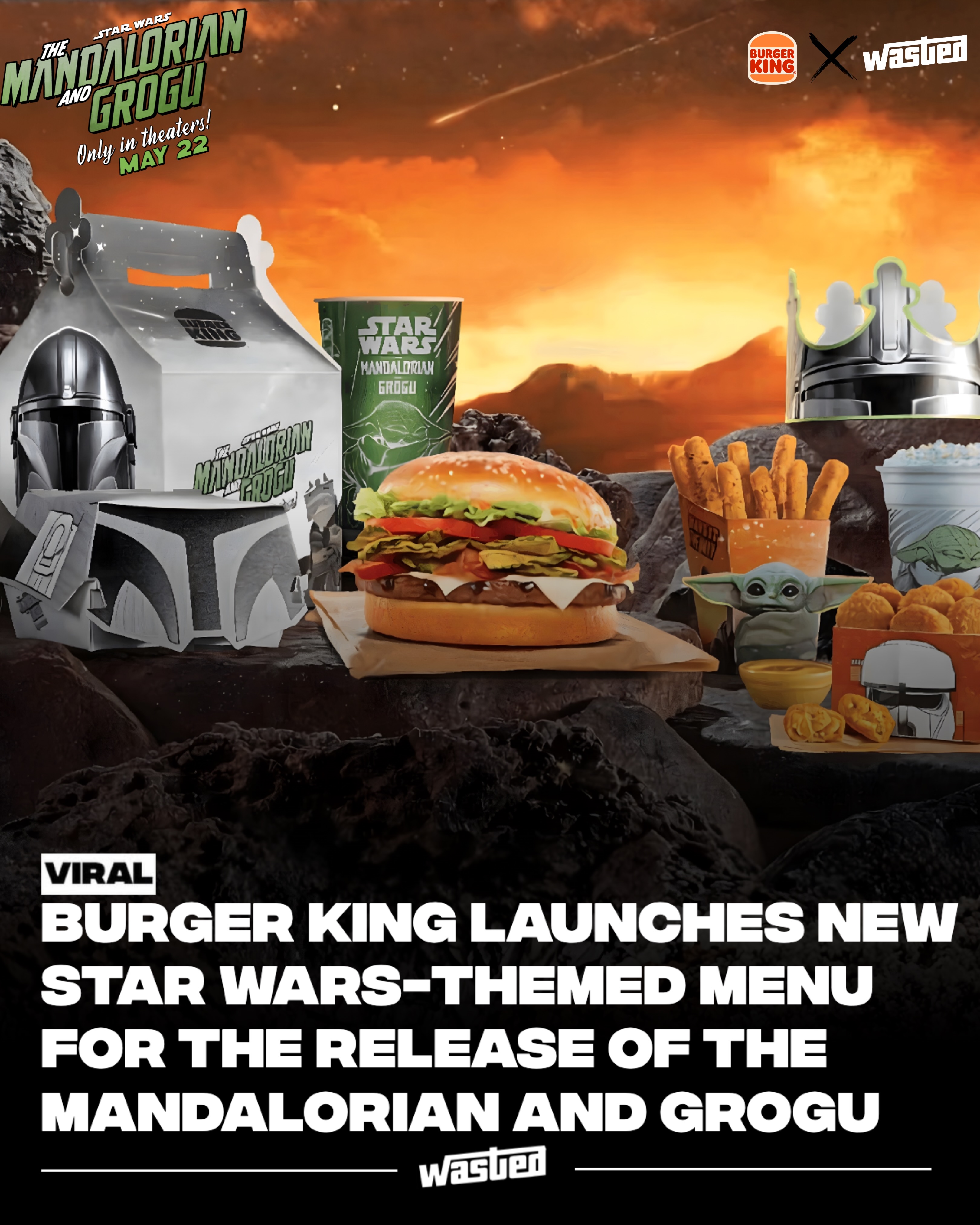#BKPartner Burger King has launched a new Star Wars-themed menu for the release of “The Mandalorian and Grogu.”

The limited time collaboration features “The Mandalorian and Grogu” branded packaging across a meal that includes a BBQ Bounty Whopper, Garlic Chicken Fries, Imperial Cheddar Ranch Tots, and Grogu’s Blue Cookie Shake inspired by the characters.

See Star Wars: The Mandalorian and Grogu only in theaters May 22

At part U.S. restaurants. Limited time only, while supplies last. Star Wars cup available with purchase. © 2026 & TM Lucasfilm Ltd.TM & © 2026 Burger King Company LLC.