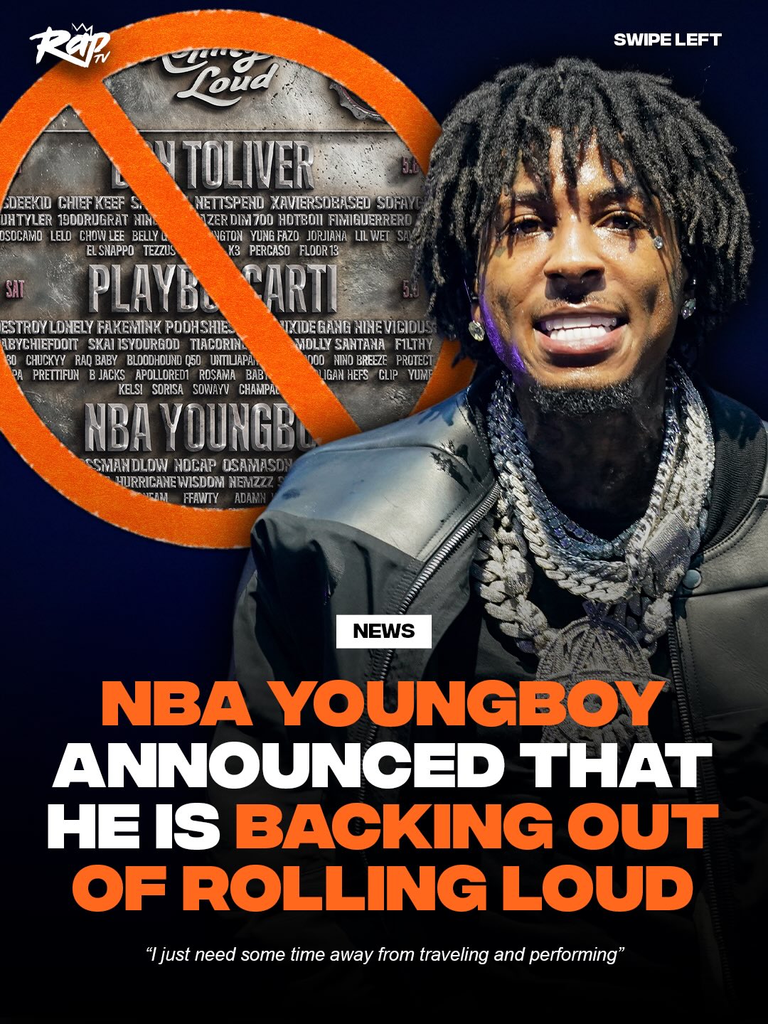 #NBAYoungBoy announced that he will be backing out of Rolling Loud Orlando‼️👀

In an IG post, YB stated that he needed time away from traveling and performing.
