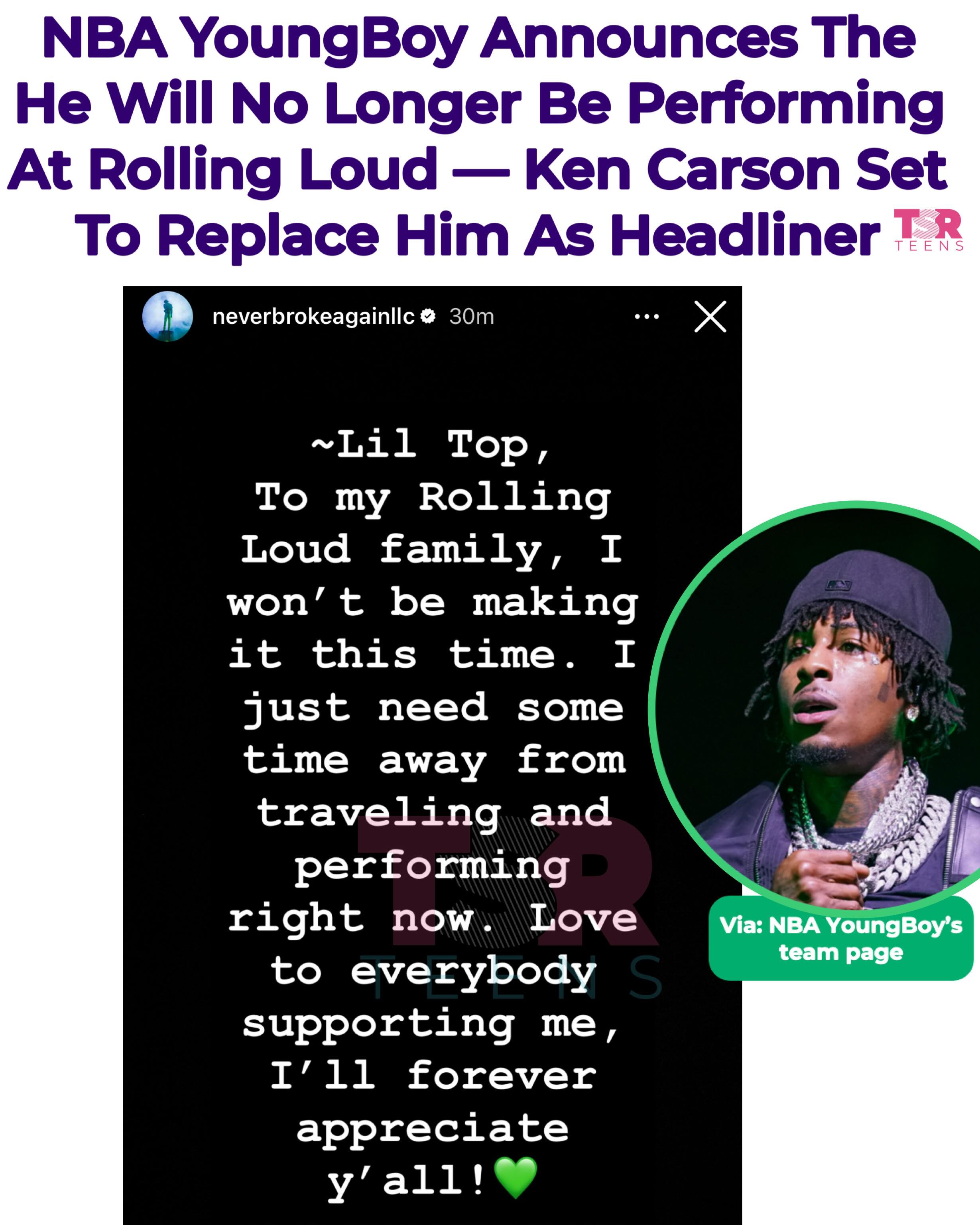 #NBAYoungBoy announces that he will no longer be performing at #Rolling Loud. The rapper thanked fans and shared that he needs time away from touring and everything that comes with it. Rolling Loud also revealed that #KenCarson will now serve as the Sunday headliner. (📸: @gettyimages) ✍🏾: #TSRStaffTC
