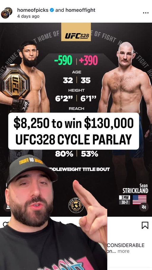 Use code MATTY for $50 FREE on Novig (link in bio)

Here’s my #UFC328 Cycle Parlay! FOLLOW @mattybetss

Khamzat Chimaev vs Sean Strickland! #ufcpicks