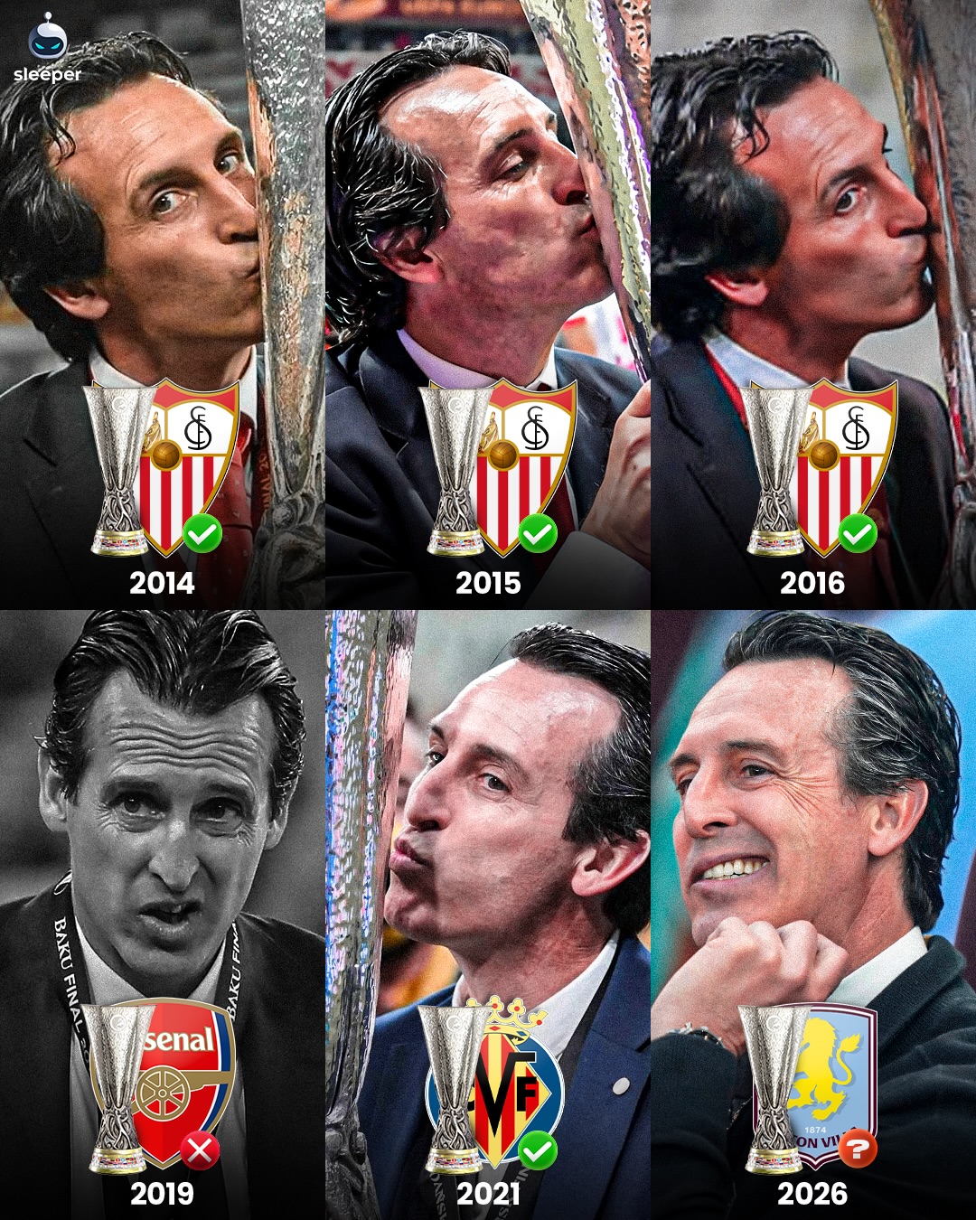 Unai Emery is set to coach in his SIXTH Europa League final and his track record is pretty strong… 🤯🏆

5 Europa finals, 4 trophies and many Aston Villa fans will be hoping he can continue on building his incredible collection. Going back to Unai, he really deserves some big praise for what he’s done at Villa…

Joined the Villians in 2022 and took them from 14th in the Premier League to 7th and their first taste of Europe. 

Following season, a Conference League semi-final and Champions League qualification, in which next season his side reached the Quarter-final and narrowly lost 5-4 on AGG. to the eventual winners in PSG.

Now this season, back in his familiar zone with the Europa League and another final on the cards. He’s really made Villa a European regular again and only an elite manager could be capable of doing something like that so efficiently. 👏
