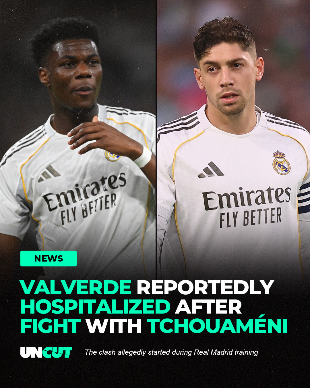 Federico Valverde and Aurélien Tchouaméni reportedly got into a physical altercation during a Real Madrid training session 😳⚽⁠
⁠
Reports say the clash started after a heavy challenge in practice before escalating in the locker room, with Valverde allegedly hospitalized and needing stitches after hitting his head during the incident 🏥⁠
⁠
What do y’all think⁉️👀