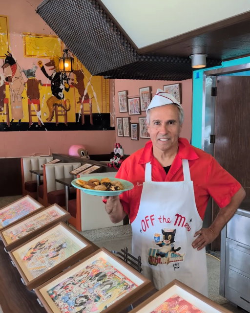 Artist @garybaseman has revived one of L.A.’s most iconic coffee shops as a whimsical gallery show.

The prolific L.A. artist has filled the historic Johnie’s Coffee Shop on Fairfax and Wilshire with local restaurant menus covered by drawings of his recognizable characters.

“Off the Menu” is open on Friday from 3 to 7pm, Saturday from noon to 6pm (with an evening reception until 9pm) and Sunday from noon to 7pm—with plenty more opportunities to visit into June.

Tap the link in our bio for more details, plus our chat with Baseman.