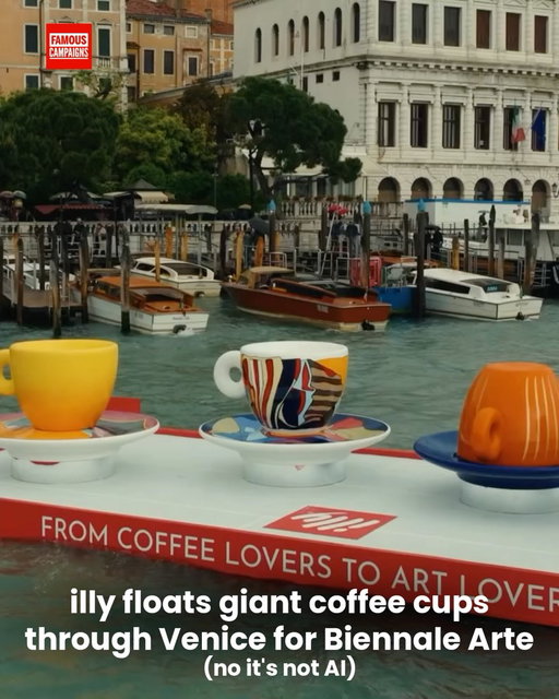 Illy coffee has placed four oversized coffee cups on the water in front of Piazza San Marco as part of Biennale Arte 2026, creating a floating public art installation.

💡@illy_coffee