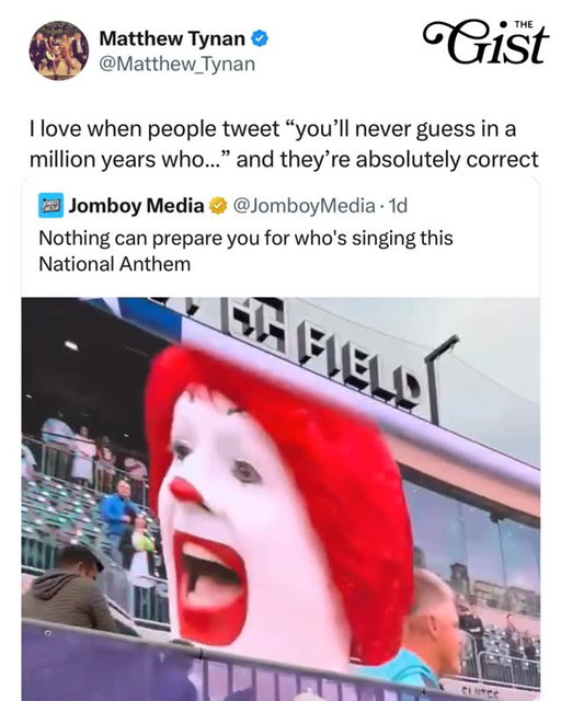 “Arianna, what are you doing here???” 😅⁣
⁣
During a minor league baseball game between the Charlotte Knights and the Gwinnett Stripers, fans were treated to a surprise guest singing the national anthem. 👀⁣
⁣
As part of Charlotte’s annual “Sport A Shirt” charity event in support of the Ronald McDonald House Charities, they brought out Ronald McDonald to perform the U.S. national anthem. 🇺🇸⁣
⁣
#menssports #baseball #popculture⁣
